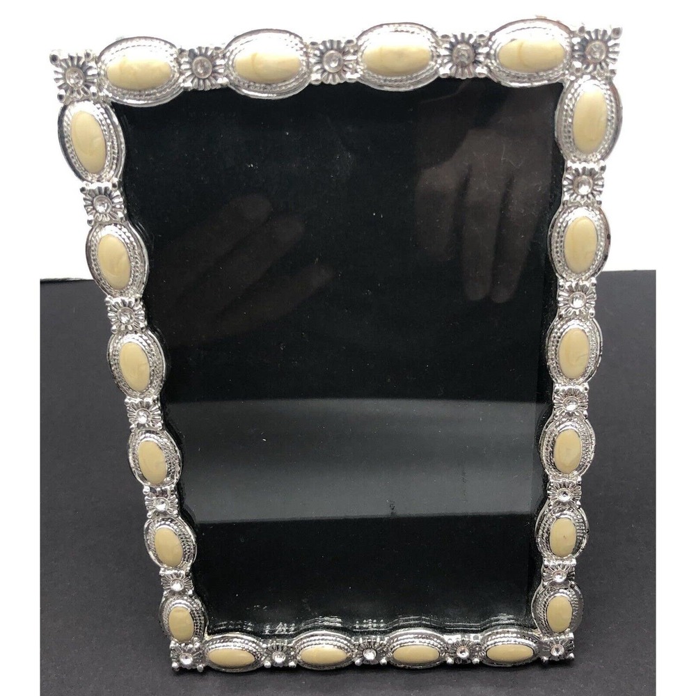 Jeweled Picture Frame Ivory Silver Photo 4”x 6” Home Decor Design
